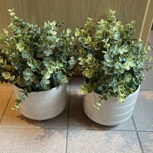 Lush Green and White Faux Florals in Ceramic Planters